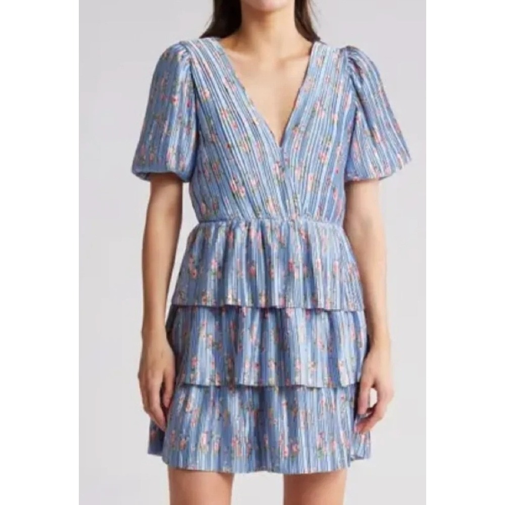 NWT WAYF Floral Tiered Minidress In Blue Roses baby blue dress SZ: XS